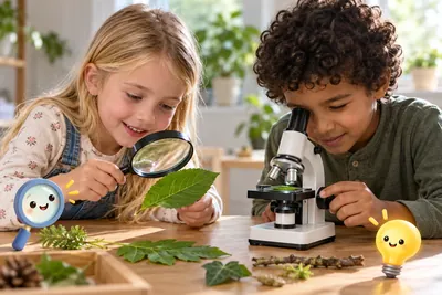 Meisje bekijkt een blad door een vergrootglas en jongen kijkt door een microscoop
