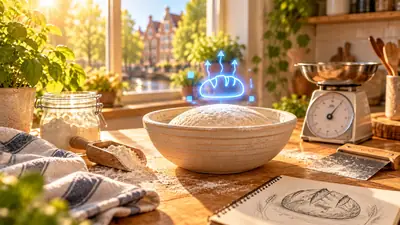 Kom met rijzend brooddeeg, een pot meel, een weegschaal en een schets van het brood op het aanrecht