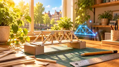 Zelfgebouwde brug van ijsstokjes en karton op een snijmat, met potlood en liniaal
