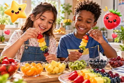 Meisje en jongen rijgen aan de keukentafel fruitspiesjes met aardbei, mandarijn, ananas, kiwi en bessen