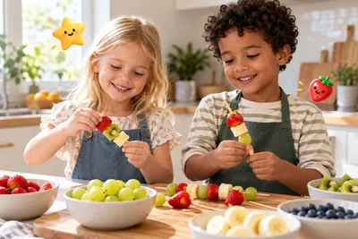 Meisje en jongen rijgen in de keuken fruitspiesjes met aardbei, kiwi, banaan en druif