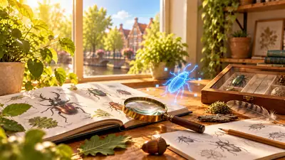 Zoekboek over kevers met een vergrootglas, eikels, mos en schetsen van kevers op tafel