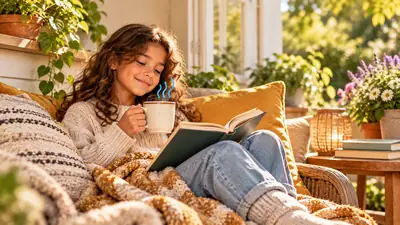 Meisje leest ontspannen een boek met een kop thee onder een deken op de veranda