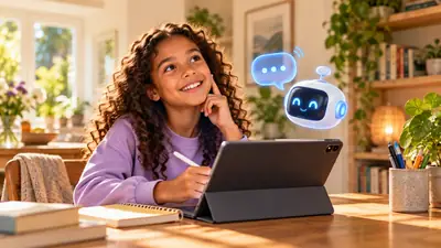 Meisje denkt na boven haar tablet terwijl een vriendelijke A.I.-assistent een antwoord geeft