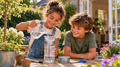 Meisje giet water in een zelfgemaakte regenmeter van een fles met maatstreepjes, een jongen kijkt mee