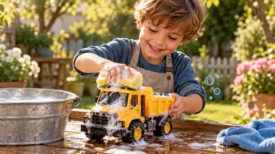 Jongen poetst met een spons een speelgoedvrachtwagen schoon aan een tafel in de tuin