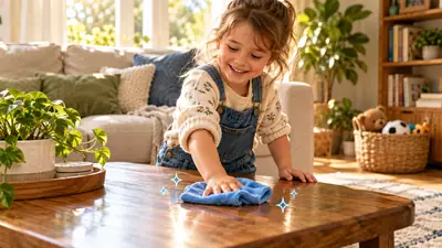 Meisje veegt met een doekje de salontafel schoon in de woonkamer