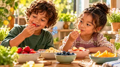Jongen proeft een aardbei en meisje een stukje appel aan een tafel met bakjes fruit