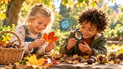 Meisje houdt een rood herfstblad omhoog en jongen bekijkt een kastanje door een vergrootglas tussen de herfstbladeren