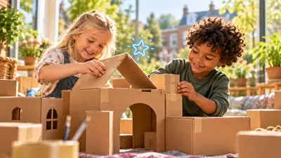 Meisje en jongen bouwen samen een huis met een dak van kartonnen dozen