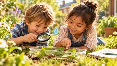 Jongen en meisje liggen in het gras en bekijken lieveheersbeestjes en een slak in een doorzichtig bakje