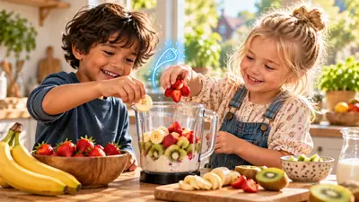 Jongen en meisje doen banaan en aardbeien in de blender voor hun eigen smoothie