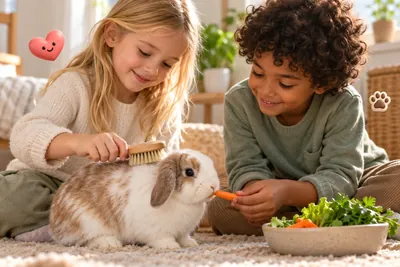 Meisje borstelt een konijn en jongen geeft het een wortel, samen op het kleed