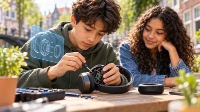 Jongen repareert met een kleine schroevendraaier een koptelefoon terwijl een meisje meekijkt