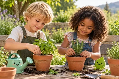 Jongen plant basilicum en meisje rozemarijn in terracotta potten in de tuin