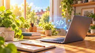 Laptop en notitieboek op een bureau bij het raam, met planten en boeken