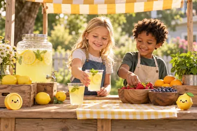 Meisje en jongen verkopen limonade en fruit aan hun eigen kraampje met een geel-wit gestreept dak