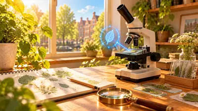 Microscoop met een blad onder de lens, een schetsboek vol bladeren en een vergrootglas op een tafel bij het raam