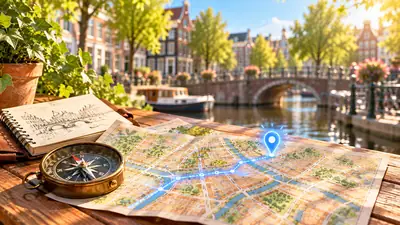 Plattegrond met een uitgestippelde route, een kompas en een schetsboek op een tafel aan de gracht