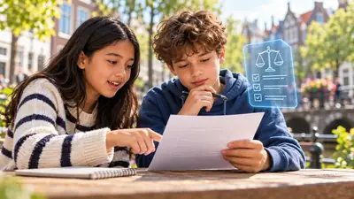 Meisje en jongen lezen samen een document en bespreken of een regel eerlijk is