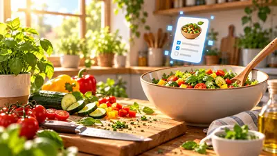 Kom salade met tomaat, komkommer en paprika op een snijplank in een zonnige keuken