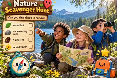 Drie kinderen met rugzak, kaart en verrekijker zoeken buiten bij een meer naar natuurschatten