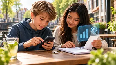 Jongen en meisje rekenen op een terras met telefoon, kassabon en munten uit hoeveel ze kunnen sparen