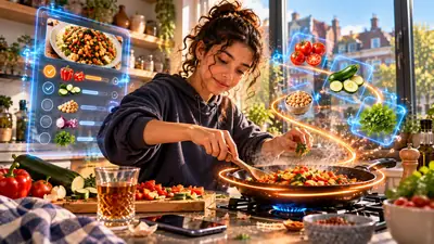 Tienermeisje roerbakt groenten en kikkererwten in een pan, met haar boodschappenlijst en recept ernaast