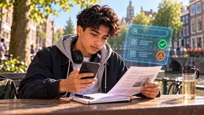 Tiener vergelijkt aan de gracht een krantenartikel met informatie op zijn telefoon om te checken wat klopt