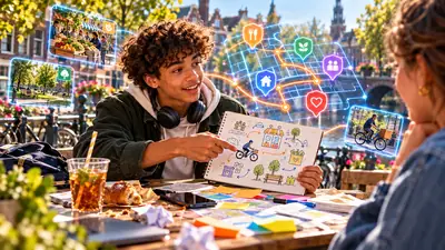 Tiener legt op een terras zijn idee voor een bezorgdienst in de buurt uit aan de hand van een schets met winkels, groen en een bakfiets