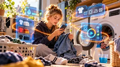 Tienermeisje sorteert wasgoed voor de wasmachine en zoekt de wasvoorschriften op haar telefoon op