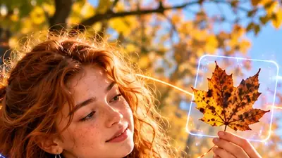 Tienermeisje bekijkt in de herfstzon van dichtbij een gekleurd blad