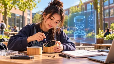 Tienermeisje bouwt een eigen speaker in een bamboe behuizing, met haar schetsen en gereedschap op tafel