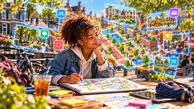 Tienermeisje tekent aan de gracht haar ontwerp van een buurt met fietspaden, een park, een speeltuin, winkels en water