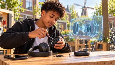 Tiener schroeft buiten aan een werktafel zijn koptelefoon open om hem zelf te repareren