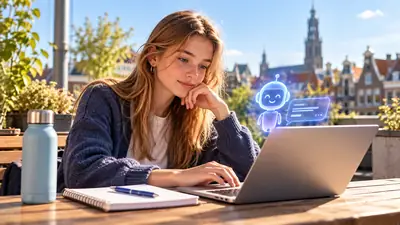 Tienermeisje werkt op een dakterras aan haar laptop en overlegt met een A.I.-assistent