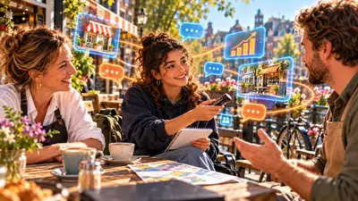 Tienermeisje interviewt twee ondernemers op een terras aan de gracht en neemt het gesprek op