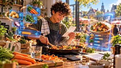 Tiener kookt aardappelen, wortels en boerenkool van de markt en houdt met de kassabon zijn budget bij