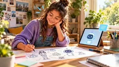 Tienermeisje tekent haar toekomstplannen op een groot vel papier, met een A.I.-assistent op een tablet ernaast