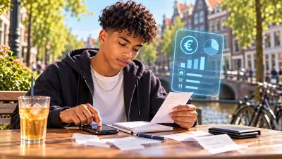 Tiener rekent aan de gracht zijn uitgaven na met kassabonnen, een notitieboek en zijn telefoon