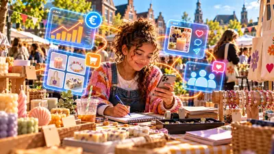 Tienermeisje verkoopt zelfgemaakte kaarsen, zeep en armbandjes op een markt en noteert wat ze verdient