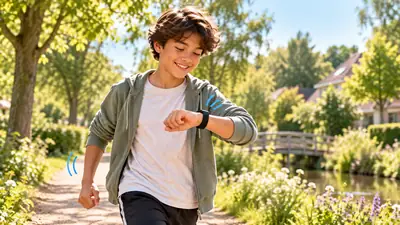 Tiener wandelt in de zon over een pad in het park en kijkt op zijn horloge
