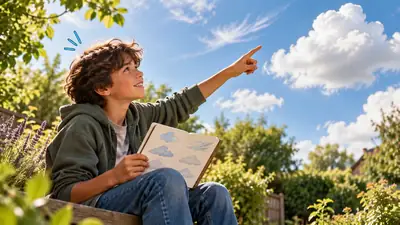 Tiener wijst naar de wolken met een schrift vol getekende wolkensoorten op schoot