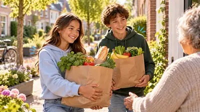 Twee tieners brengen tassen met boodschappen naar een oudere buurvrouw