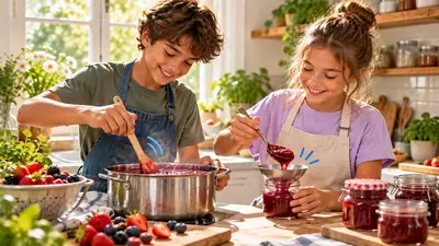 Jongen roert fruit in een pan en meisje schept de jam in glazen potjes