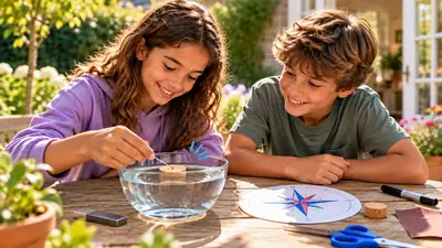 Tienermeisje legt een gemagnetiseerde naald op een kurkje in een schaal water, met een getekende windroos ernaast