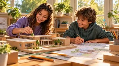 Tienermeisje zet een boompje op een maquette van een school terwijl een jongen de plattegrond tekent