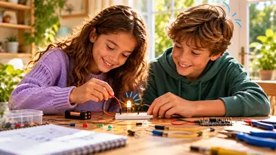 Twee tieners laten een lampje branden met een zelfgebouwd stroomcircuit van batterij en draadjes
