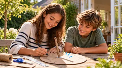 Tienermeisje tekent uurstreepjes op een zonnewijzer van karton met een stok in het midden, een jongen kijkt mee