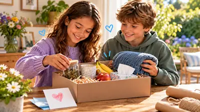 Twee tieners vullen een doos met thee, fruit, zakdoekjes en een sjaal, met een zelfgemaakte kaart ernaast